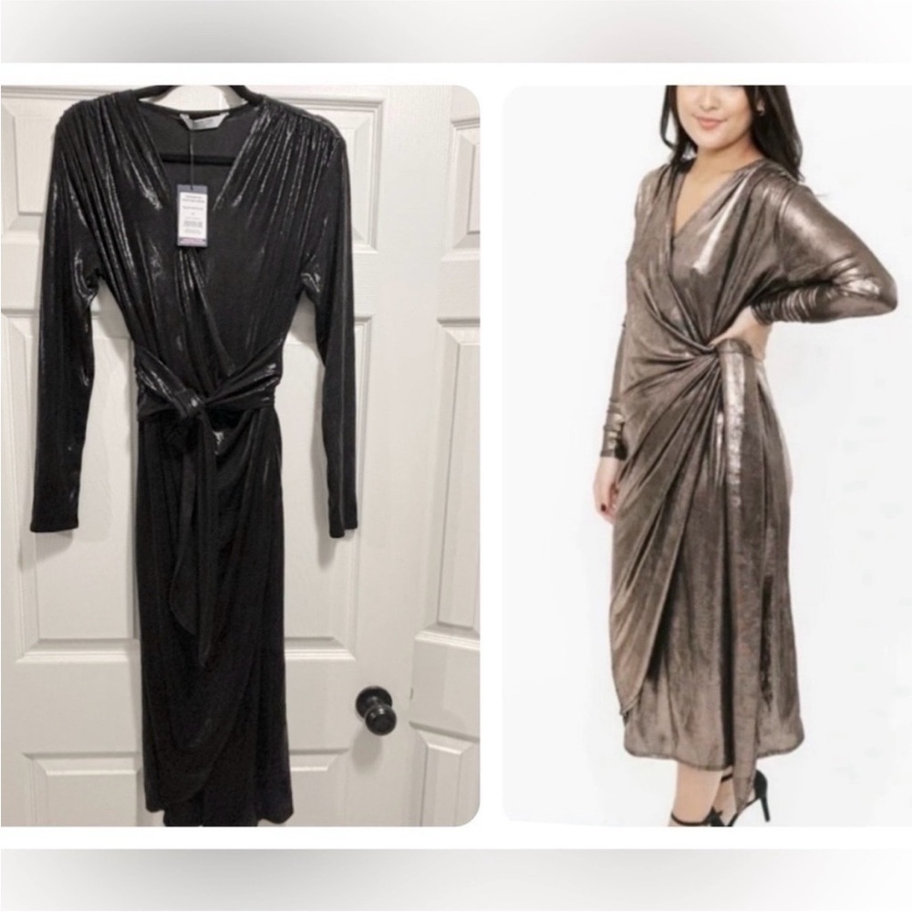 Smash+Tess Confidence Wrap Midi Dress NWT Black Metallic Size Medium NEW